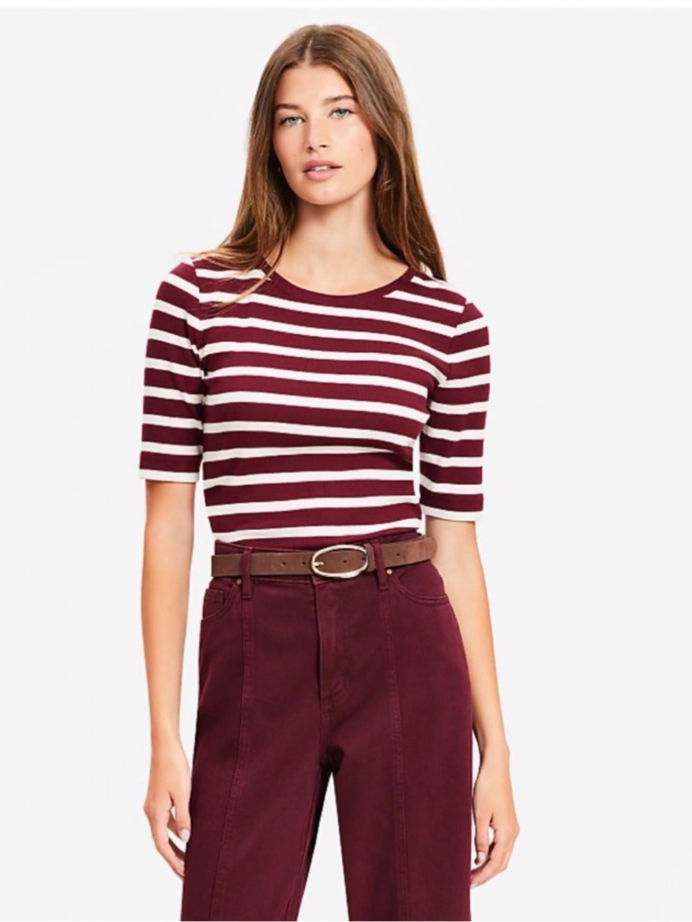 EUC Loft Striped Burgundy and White 1/2 Sleeve Knit Top Size Medium